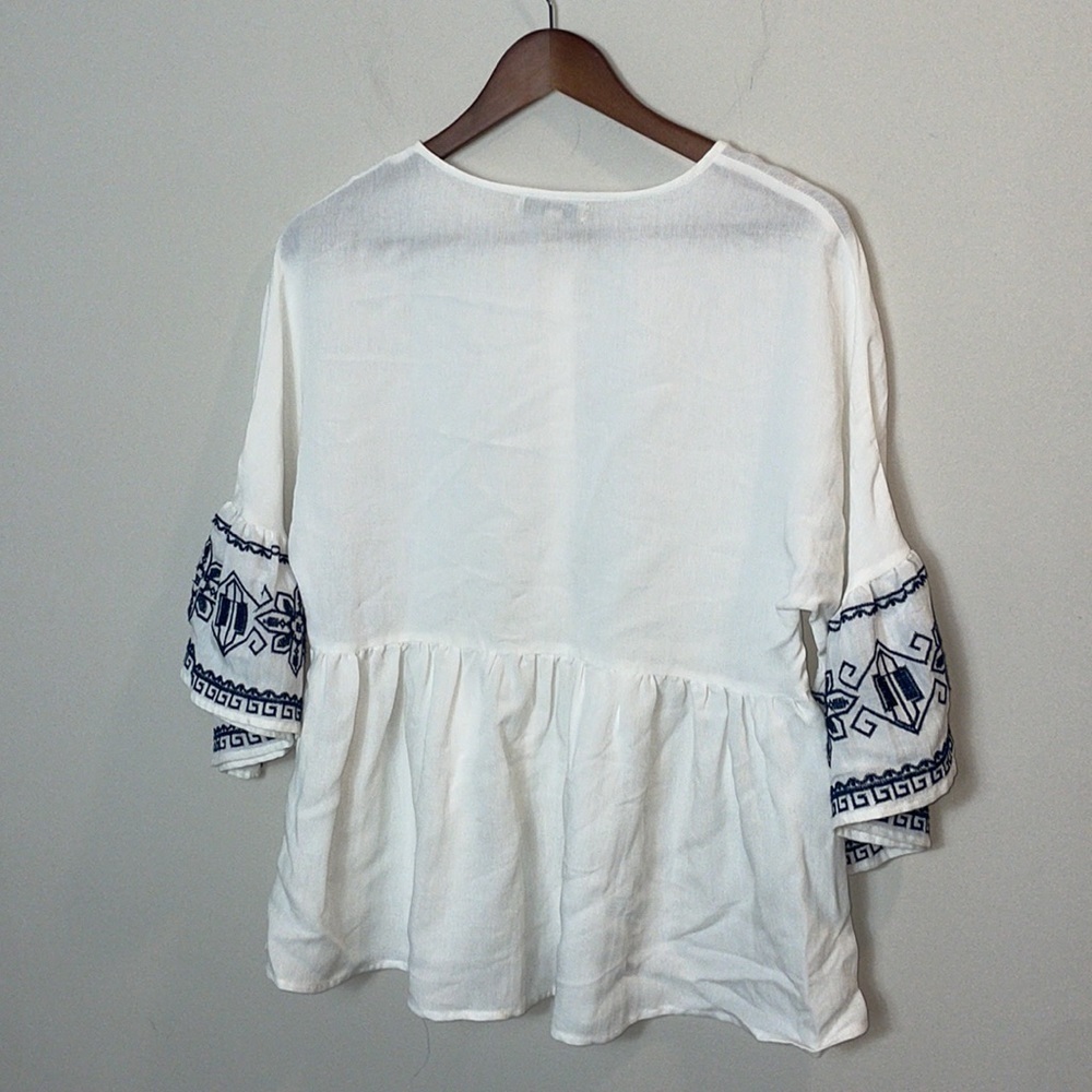 Polagram boho embroidered button down bell sleeve blouse women size medium - Picture 3 of 7